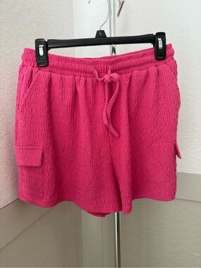 Pink Lily Hot Pink Terry Cargo Drawstring Shorts